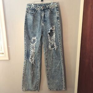 SHEIN High Waist Destroyed Mom Jeans Size 4 Light Wash Holes